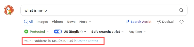 在DuckDuckGo搜索What is my ip，顯示美國住宅代理IP位置
