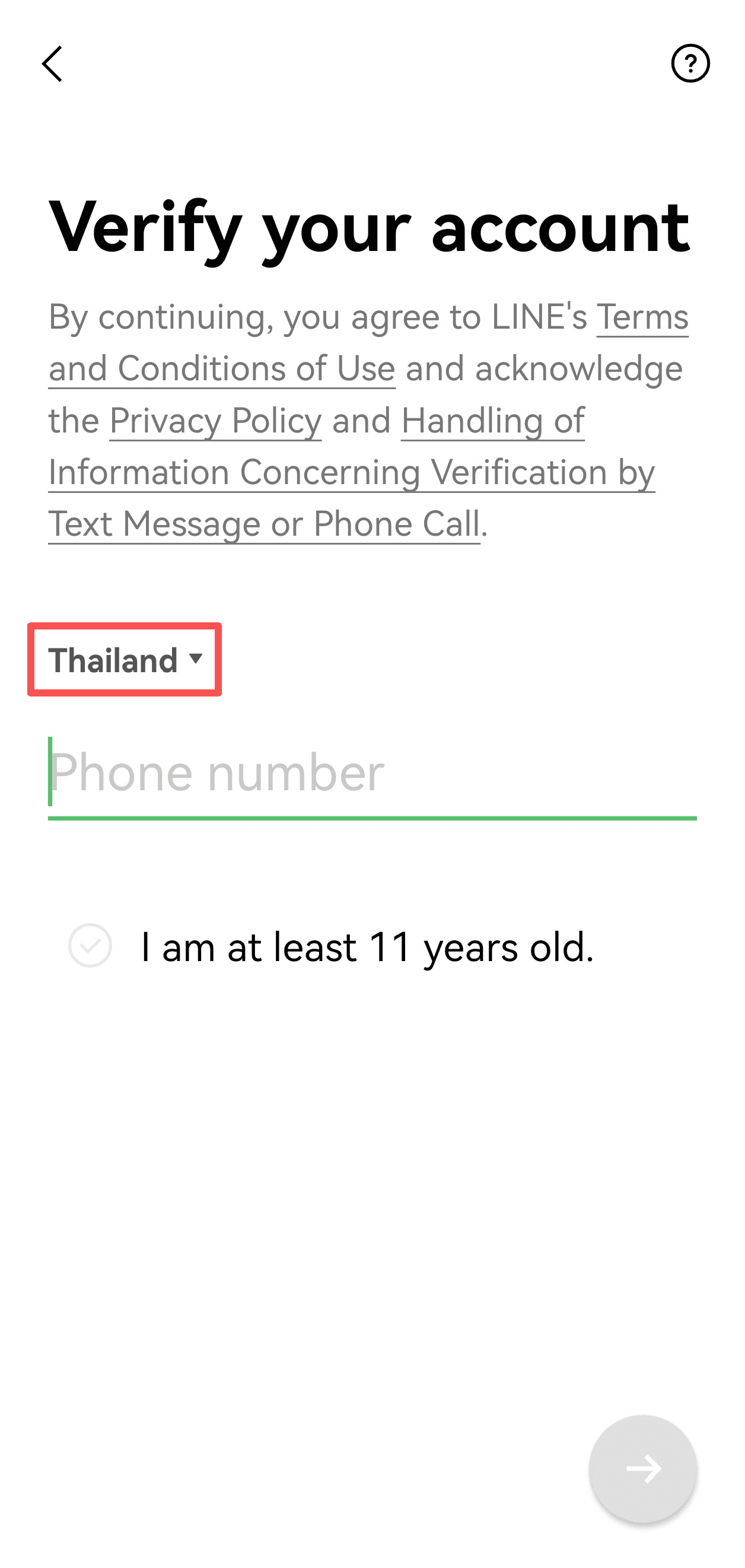 Selecting Region and Entering Phone Number